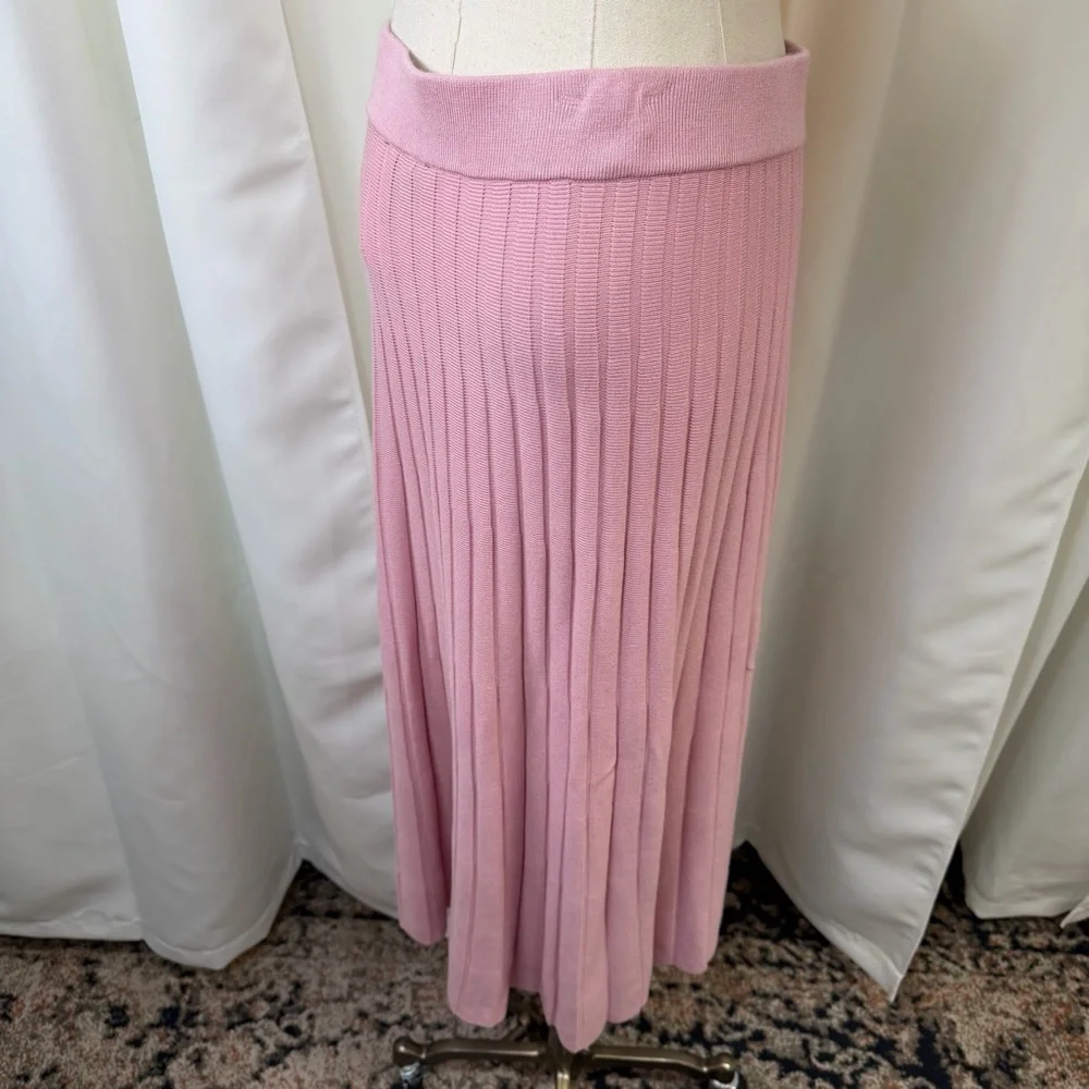 NWT Saks Fifth Avenue Pink Stretch Knit Wide Ribbed Midi Skirt w/ Slit Size S